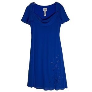 D.F. Summers Dress Womens 10P Petite Blue Beaded Floral Cowl Neck Sheath Midi